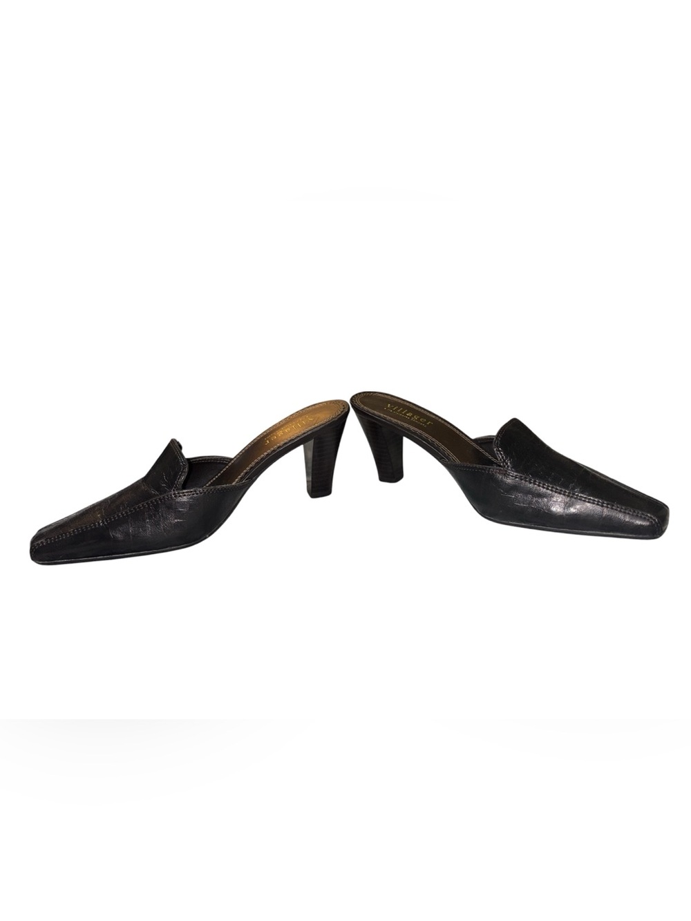villager Black Leather Square-Toe Heeled Mules